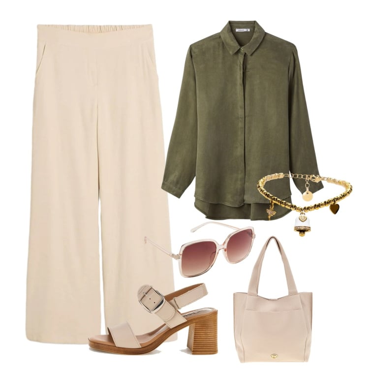 Outfit donna - Silhouette armoniosa. Stile Minimal per Ufficio. Abbinamento con occhiali da sole, pantaloni a palazzo, camicie, braccialetti, borse a spalla, sandali col tacco.