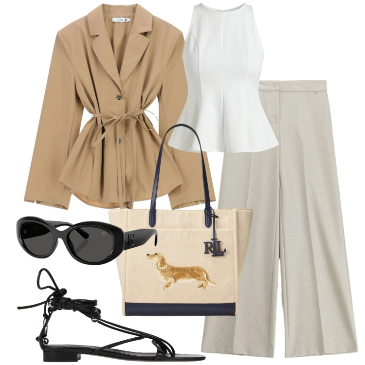 Outfit donna - Blazer leggeri @ypila. Stile Chic per Tutti i giorni. Abbinamento con infradito, pantaloni a palazzo, blazer, canottiere, occhiali da sole, borse tote.
