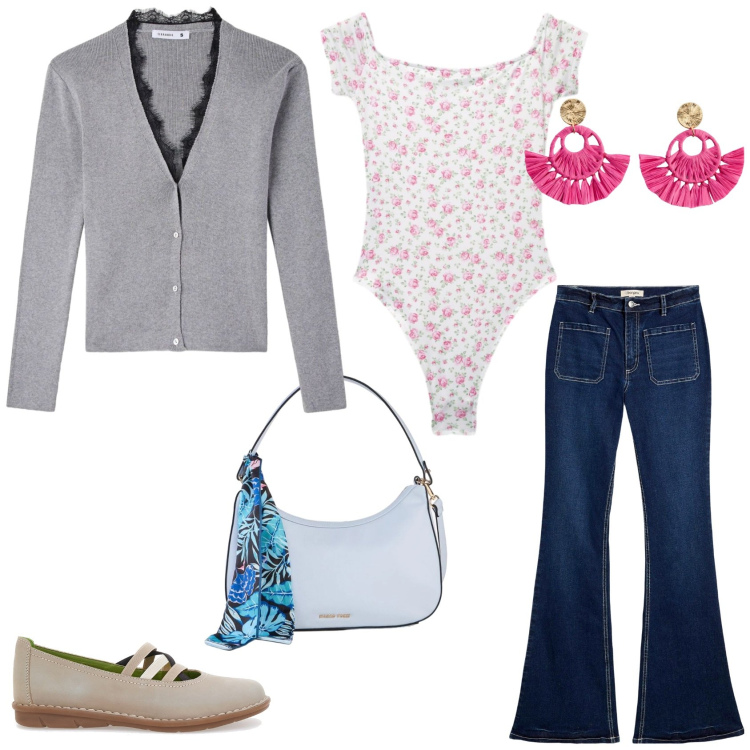 Outfit donna - L\'outfit basic e romantico. Stile Basic per Tutti i giorni. Abbinamento con orecchini, jeans bootcut, borse a mano, cardigans, t-shirt, ballerine.