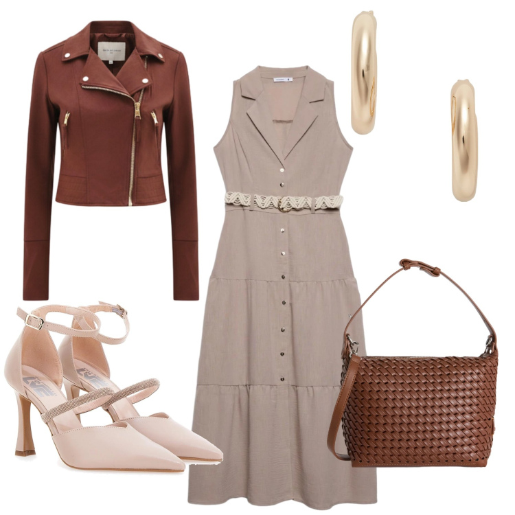 Outfit donna - Earthy Elegance & Urban Chic. Stile Casual chic per Tutti i giorni. Abbinamento con vestiti chemisier, borse a spalla, giacche, orecchini, décolleté.