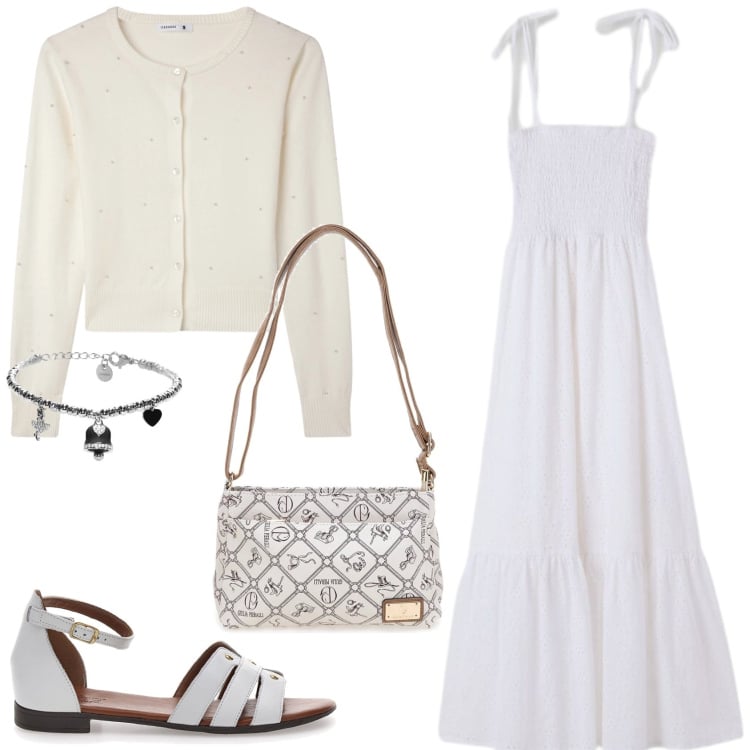 Outfit donna - L\'abito lungo in Sangallo. Stile Romantica per Serata fuori. Abbinamento con cardigans, vestiti lunghi, braccialetti, sandali, borse a tracolla.