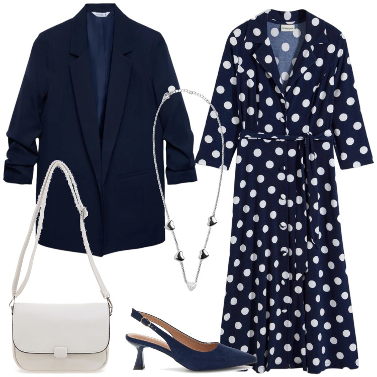 Outfit donna - Total look #2395217. Stile Chic per Tutti i giorni. Abbinamento con vestiti chemisier, blazer, collane, borse a tracolla, décolleté.