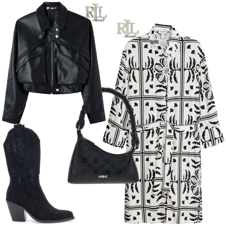 Outfit donna - L\'abito chemisier in viscosa. Stile Urban per Serata fuori. Abbinamento con vestiti chemisier, bomber, orecchini, stivaletti texani, borse a mano.