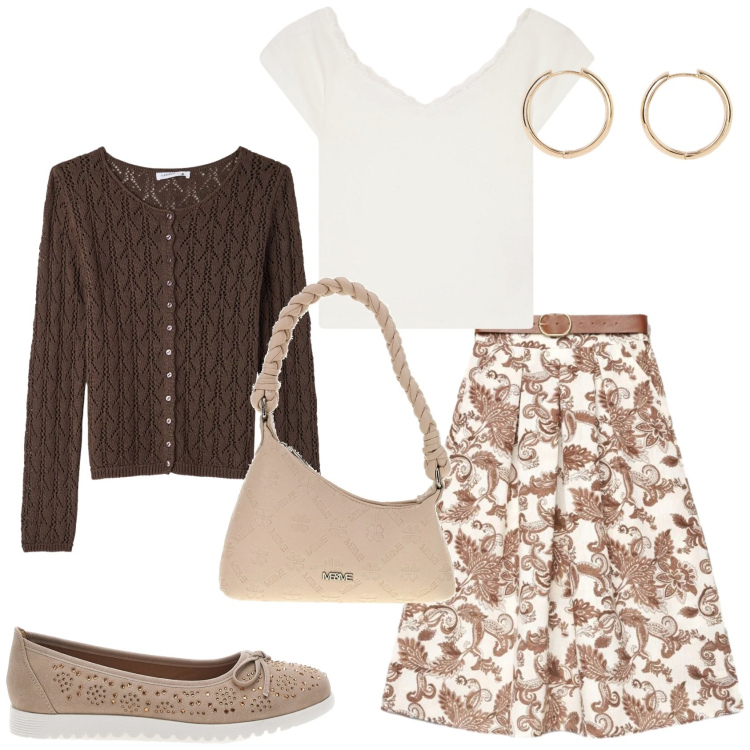 Outfit donna - Outfit per una passeggiata. Stile Bon Ton per Tutti i giorni. Abbinamento con orecchini, gonne lunghe, cardigans, canottiere, ballerine, borse a spalla.