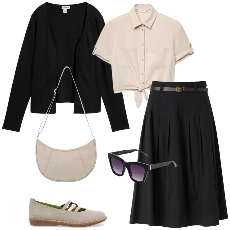 Outfit donna - Total look #2395222. Stile Casual per Tutti i giorni. Abbinamento con occhiali da sole, cardigans, camicie a manica corta, gonne longuette, borse a spalla, ballerine.