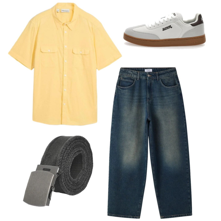 Outfit uomo - Total look. Stile Casual per Tutti i giorni. Abbinamento con camicie a manica corta, cinture, jeans, sneakers.