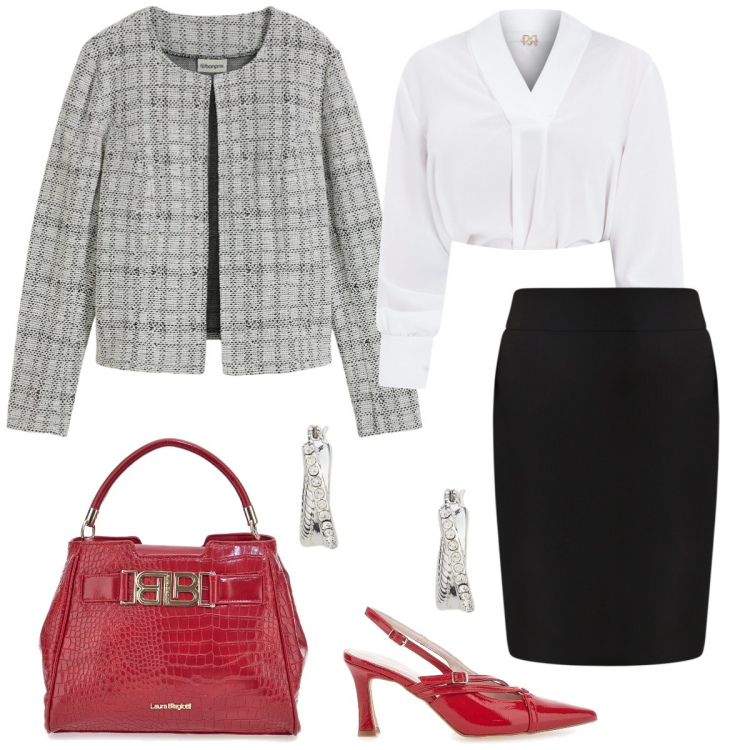 Outfit donna - Total look #2395225. Stile Chic per Ufficio. Abbinamento con cardigans, gonne, bluse, orecchini, décolleté, borse a mano.
