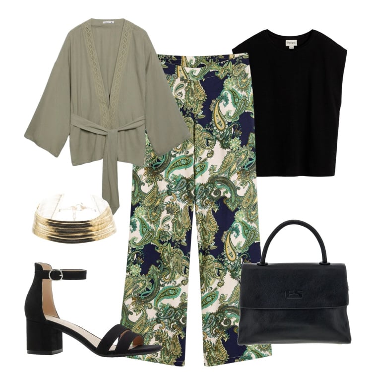 Outfit donna - Armonia con stile. Stile Casual chic per Serata fuori. Abbinamento con pantaloni, sandali col tacco, bluse, kimono, braccialetti, borse a tracolla.