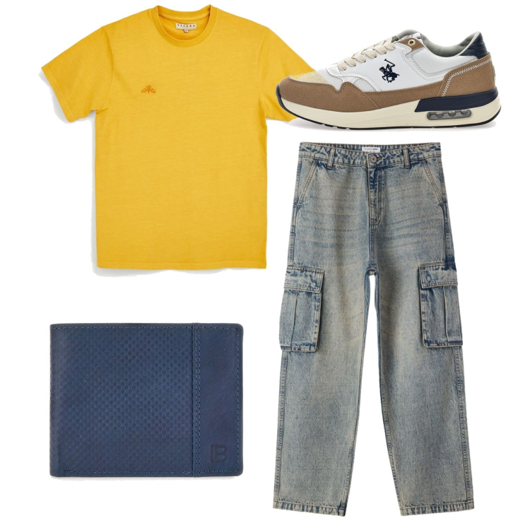 Outfit uomo - Total look. Stile Casual per Tutti i giorni. Abbinamento con jeans, portafogli, sneakers, t-shirt.