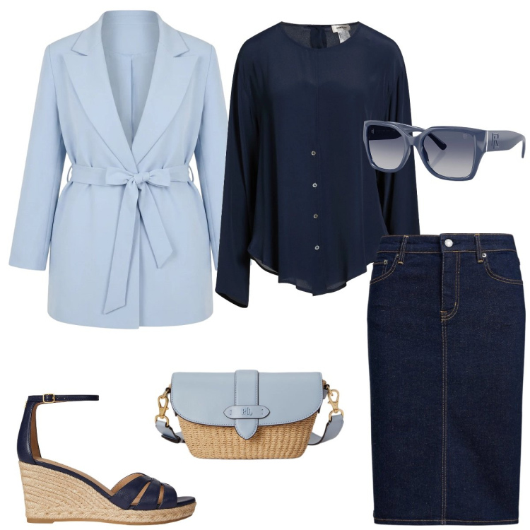 Outfit donna - Total look #2395229. Stile Casual chic per Tutti i giorni. Abbinamento con camicie, blazer, gonne, occhiali da sole, zeppe, borse a spalla.