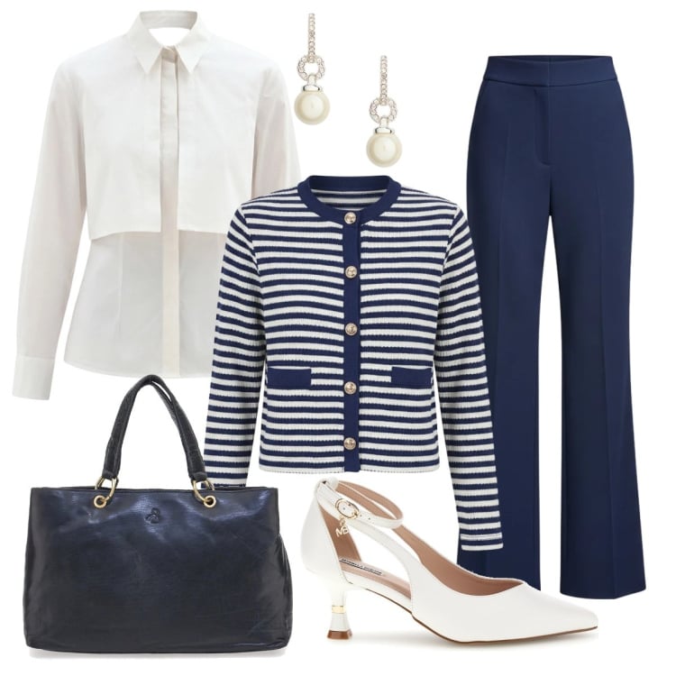 Outfit donna - Il completo che slancia. Stile Bon Ton per Ufficio. Abbinamento con pantaloni a palazzo, camicie, cardigans, orecchini, borse a mano, décolleté.