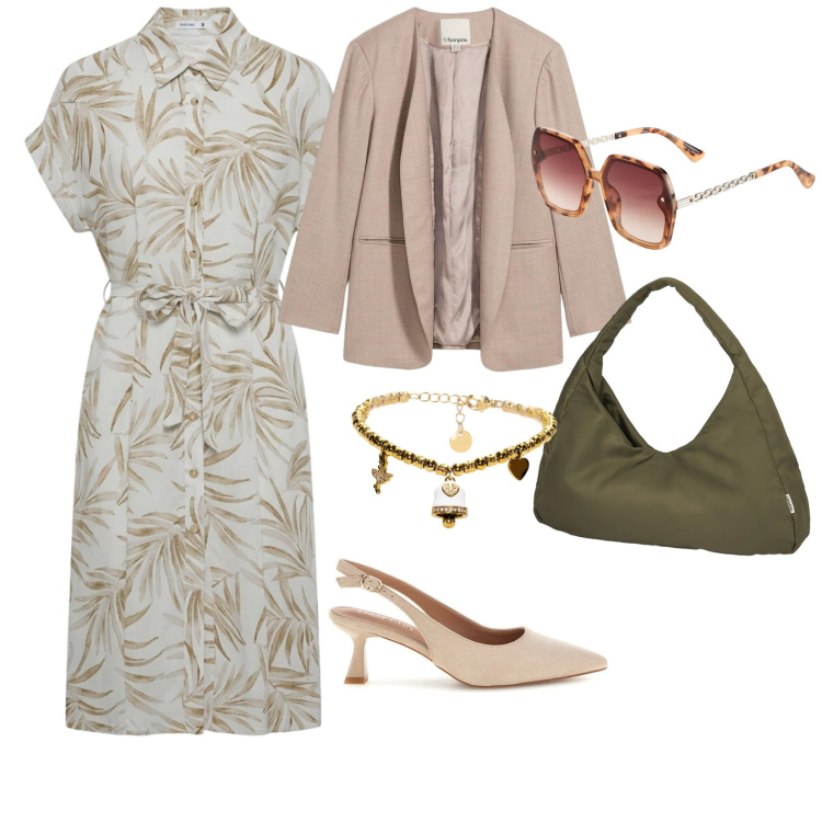 Outfit donna - Leggerezza curvy. per Ufficio. Abbinamento con occhiali da sole, blazer, vestiti chemisier, borse a spalla, braccialetti, décolleté.