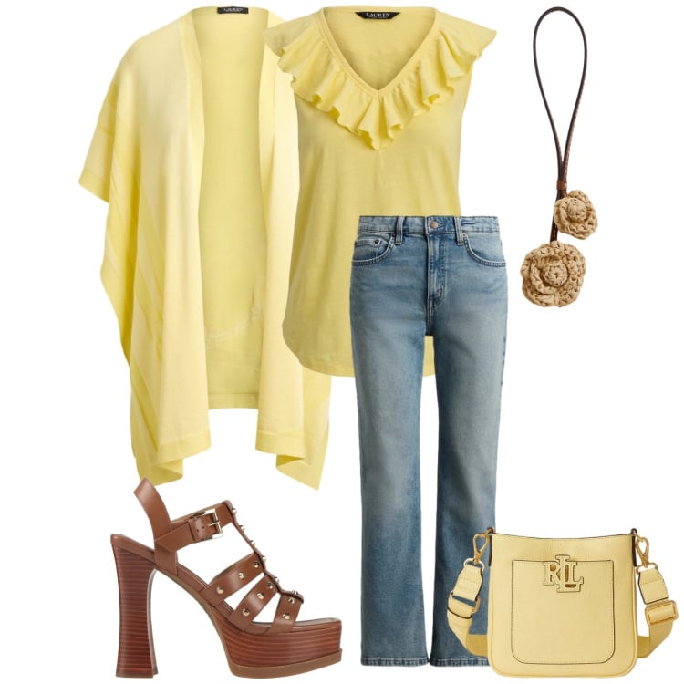 Outfit donna - Total look #2395236. Stile Casual chic per Serata fuori. Abbinamento con sandali in pelle, jeans dritti, ciondoli, borse a tracolla, top, cappe.