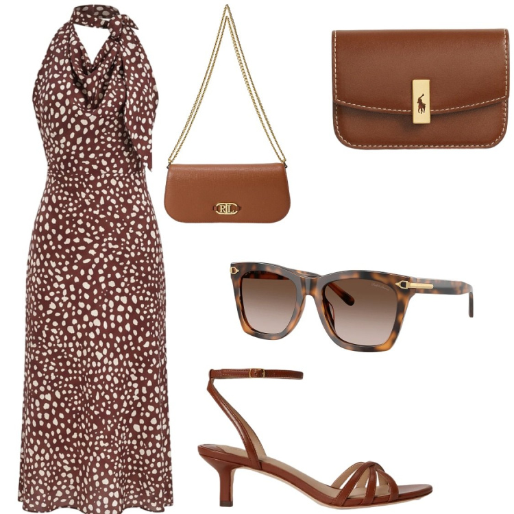 Outfit donna - Retro Sun Glow. Stile Chic per Serata fuori. Abbinamento con vestiti midi/longuette, occhiali da sole, sandali in pelle, borse a spalla, portafogli.