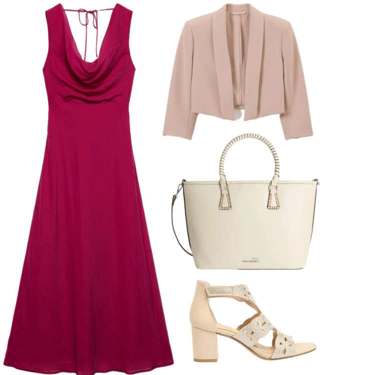 Outfit donna - Curvy Mood. per Serata fuori. Abbinamento con sandali col tacco, vestiti lunghi, shopping bag, bolero.