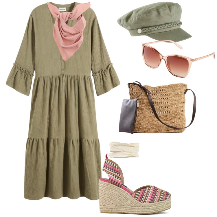 Outfit donna - Fluida e leggera. per Tutti i giorni. Abbinamento con cappelli, occhiali da sole, borse a tracolla, vestiti chemisier, foulard, zeppe.