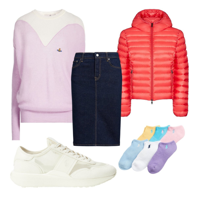 Outfit donna - Silhouette fluide e leggere. Stile Sporty chic per Tutti i giorni. Abbinamento con pullovers, bomber, gonne, sneakers, calzini.