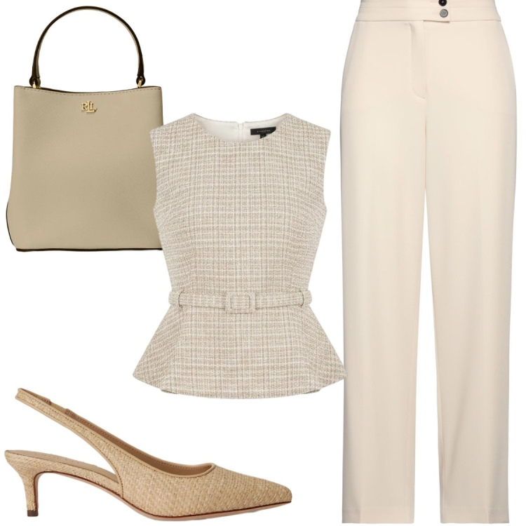 Outfit donna - Sartorial Sand Elegance. Stile Bon Ton per Ufficio. Abbinamento con pantaloni, top, borse a secchiello, décolleté.