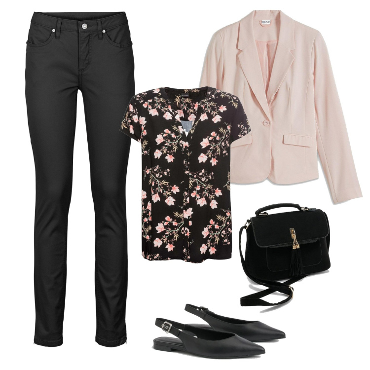 Outfit femme - Printemps fleuri. Style Romantique pour Bureau. Assortir avec chemises à manches courtes, blazers, jeans, sacs en bandoulière, ballerines.