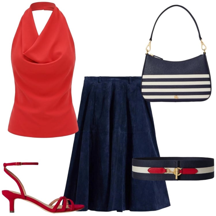 Outfit donna - Sulla vespa a Capri. Stile Chic per Serata fuori. Abbinamento con gonne, canottiere, borse a spalla, cinture, sandali col tacco.