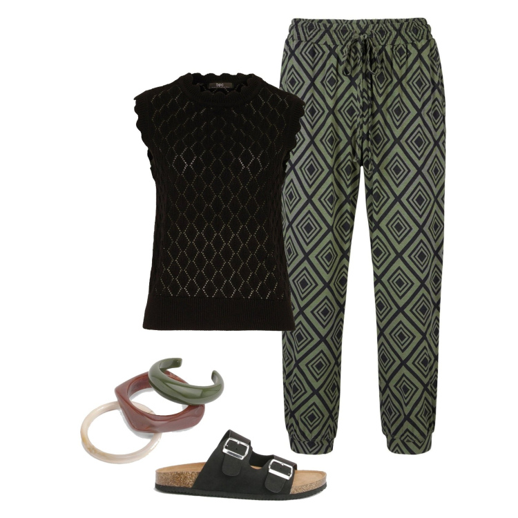 Outfit femme - Pantalon imprimé. Style Ethnique pour Tous les jours. Assortir avec pulls, pantalon , sandales, bracelets.