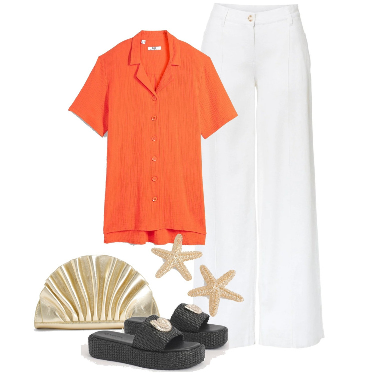 Outfit femme - Littoral. Style Casual pour Soirée dehors. Assortir avec pantalon large en bas, chemisiers, sandales, pochette, boucles d'oreilles.