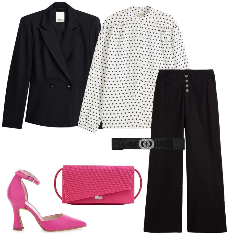 Outfit donna - Total look #2395269. Stile Chic per Serata fuori. Abbinamento con pantaloni a palazzo, blazer, camicie, cinture, décolleté, pochette.