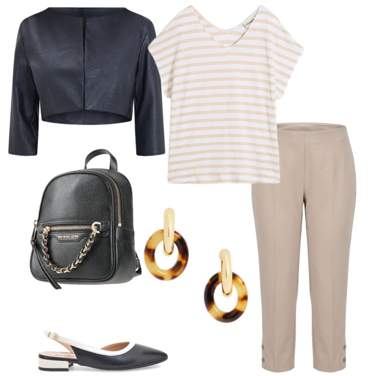 Outfit donna - Total look #2395271. Stile Casual chic per Tutti i giorni. Abbinamento con zaini, t-shirt, bolero, pantaloni, orecchini, ballerine.