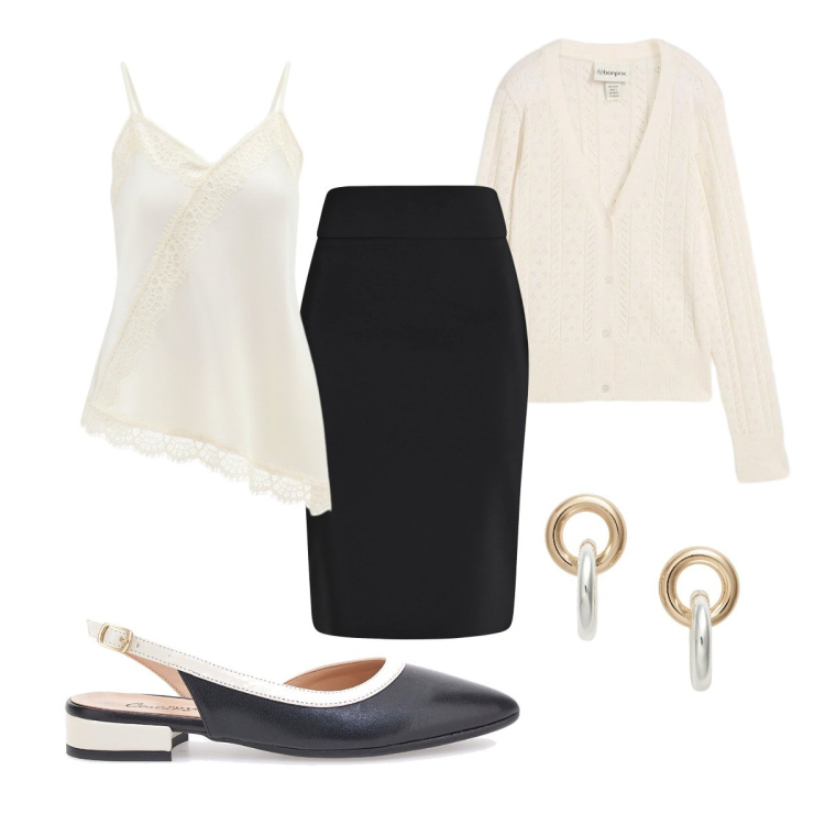 Outfit donna - La gonna che segna il punto vita. Stile Bon Ton per Ufficio. Abbinamento con cardigans, gonne longuette, canottiere, orecchini, ballerine.
