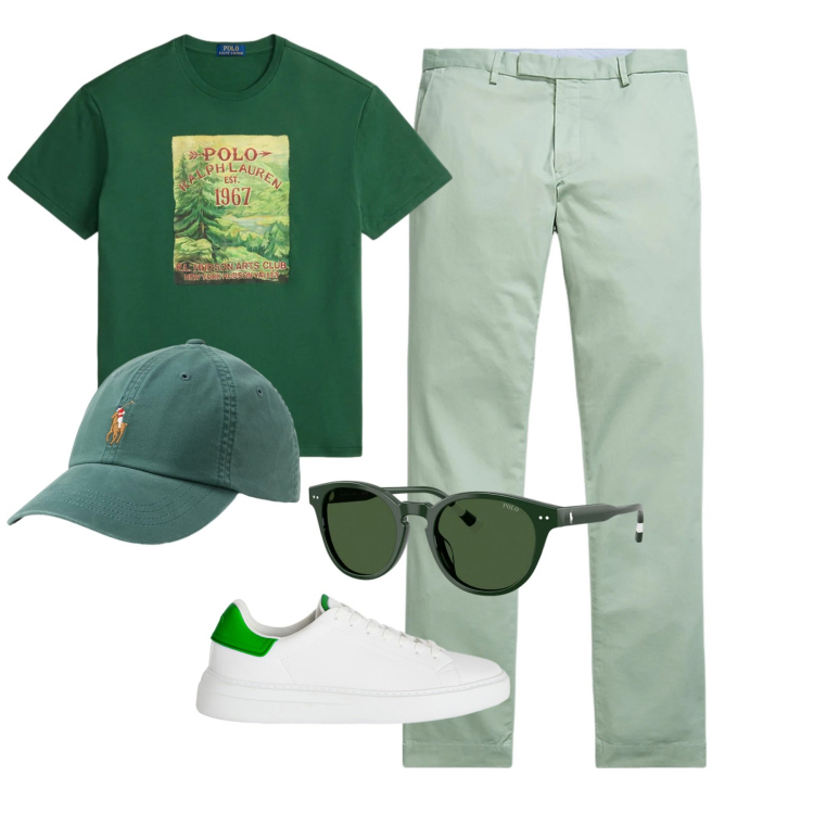 Outfit uomo - Fresh green casual vibes. Stile Casual per Tutti i giorni. Abbinamento con sneakers, occhiali da sole, pantaloni, cappelli con visiera, t-shirt.