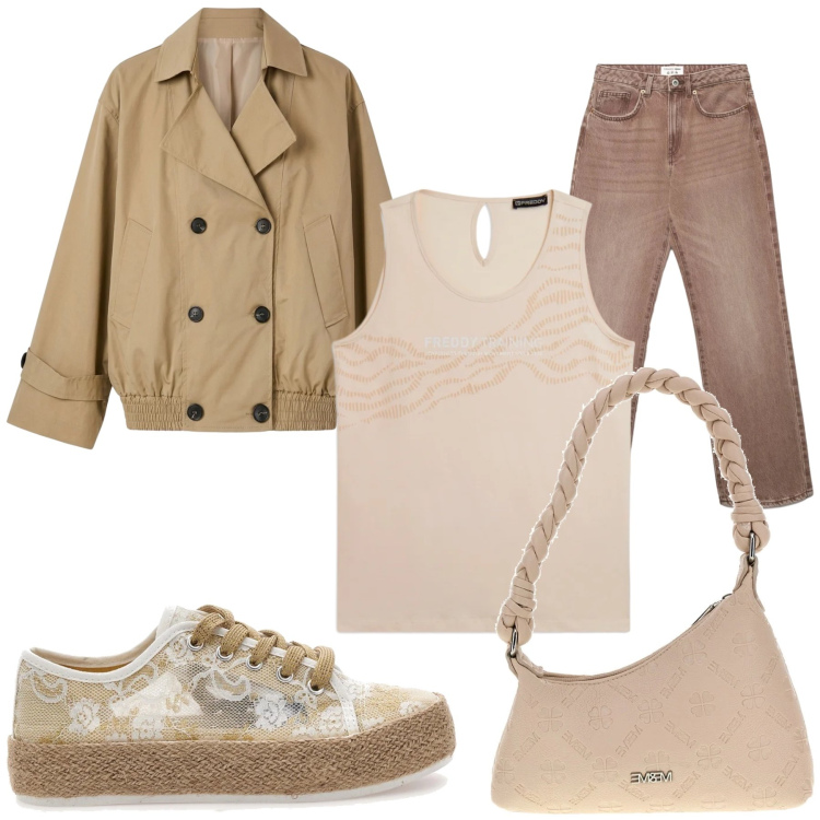 Outfit donna - Total look #2395275. Stile Urban per Scuola/Università. Abbinamento con jeans dritti, trench, canottiere, sneakers, borse a spalla.