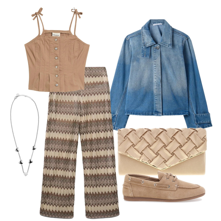 Outfit donna - Maggio. Stile Trendy per Tutti i giorni. Abbinamento con top, pantaloni, cappotti, collane, scarpe stringate, pochette.