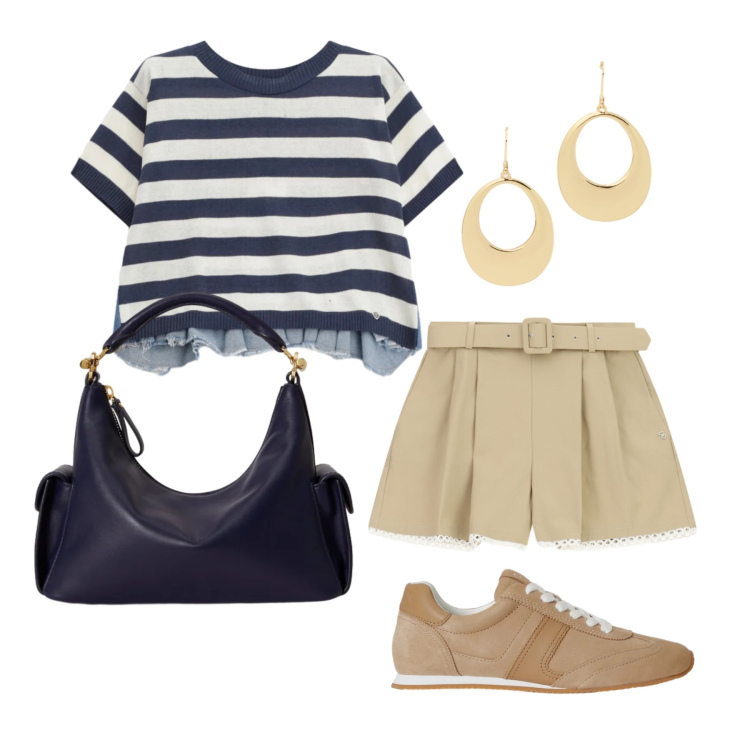 Outfit donna - Maggio. Stile Casual chic per Tutti i giorni. Abbinamento con t-shirt, shorts, sneakers, borse a spalla, orecchini.