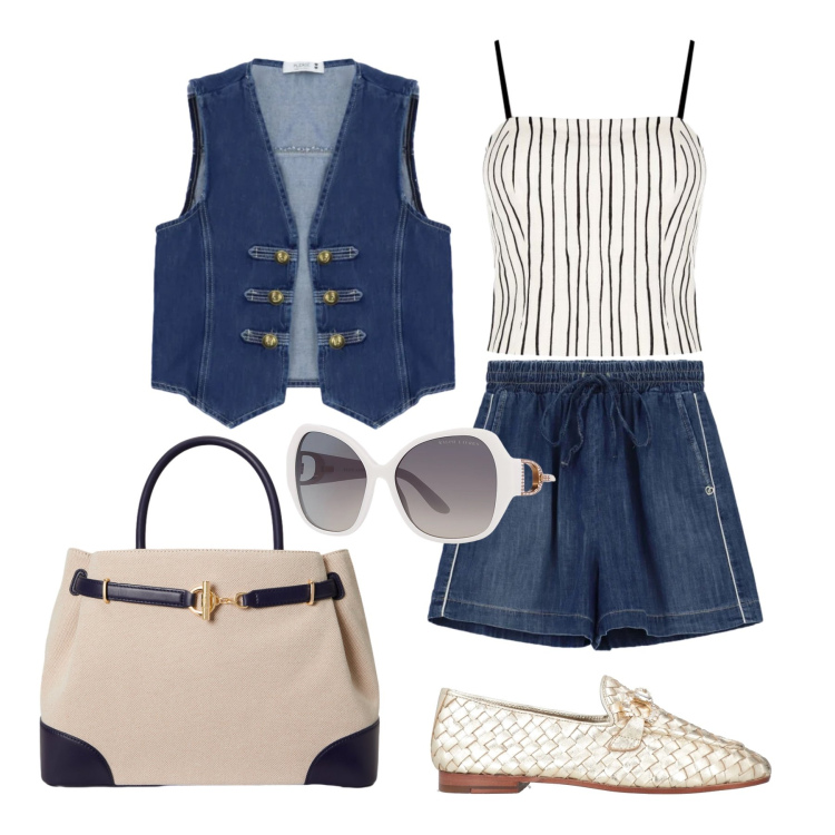 Outfit donna - Maggio. Stile Trendy per Tutti i giorni. Abbinamento con mocassini, gilet, shorts, canottiere, borse a mano, occhiali da sole.