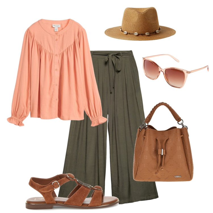 Outfit donna - Leggerezza bohémien. Stile Boho per Tutti i giorni. Abbinamento con occhiali da sole, bluse, cappelli, pantaloni, borse a tracolla, sandali.