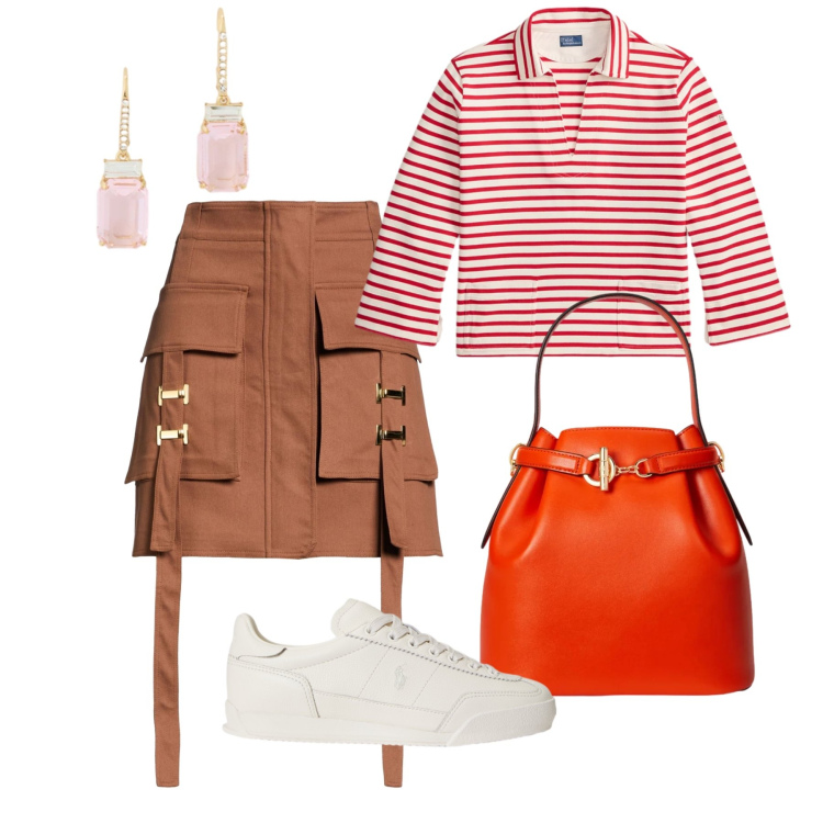 Outfit donna - Maggio. Stile Casual chic per Tutti i giorni. Abbinamento con minigonne, t-shirt, borse a secchiello, orecchini, sneakers.
