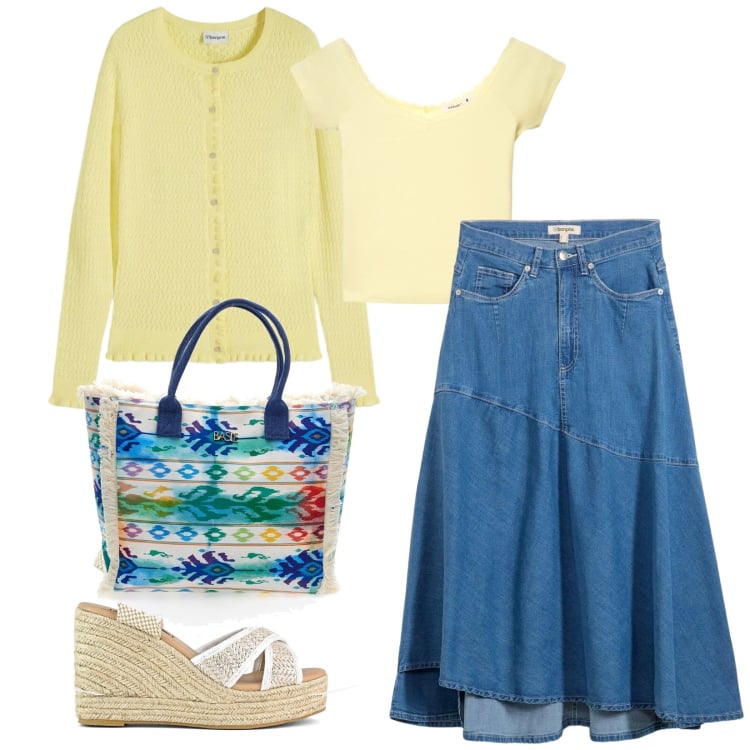 Outfit donna - Total look #2395290. Stile Vintage retrò per Tutti i giorni. Abbinamento con gonne longuette, cardigans, t-shirt, zeppe, shopping bag.