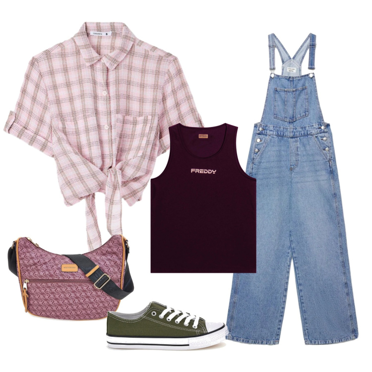 Outfit donna - Spring H4ppy. Stile Urban per Tutti i giorni. Abbinamento con salopette, camicie a manica corta, top, borse a tracolla, sneakers.