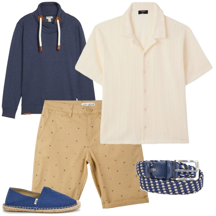 Outfit uomo - Surfer\'s mood. Stile Casual per Mare. Abbinamento con felpe, pantaloni corti, camicie a manica corta, cinture, espadrillas.