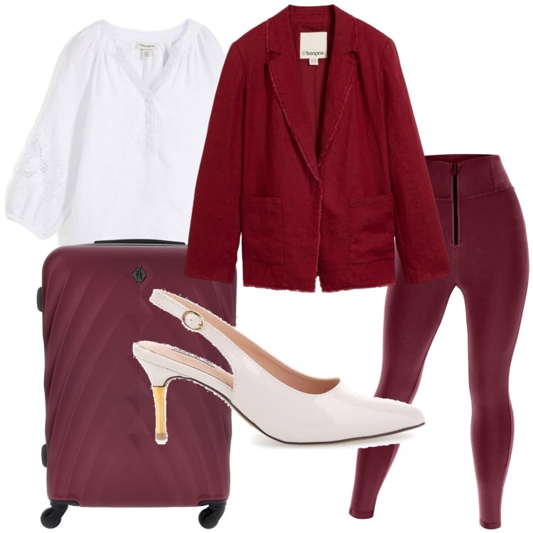 Outfit donna - Weekend wine. Stile Basic per Tutti i giorni. Abbinamento con blazer, tuniche, pantaloni skinny, décolleté, valigie.