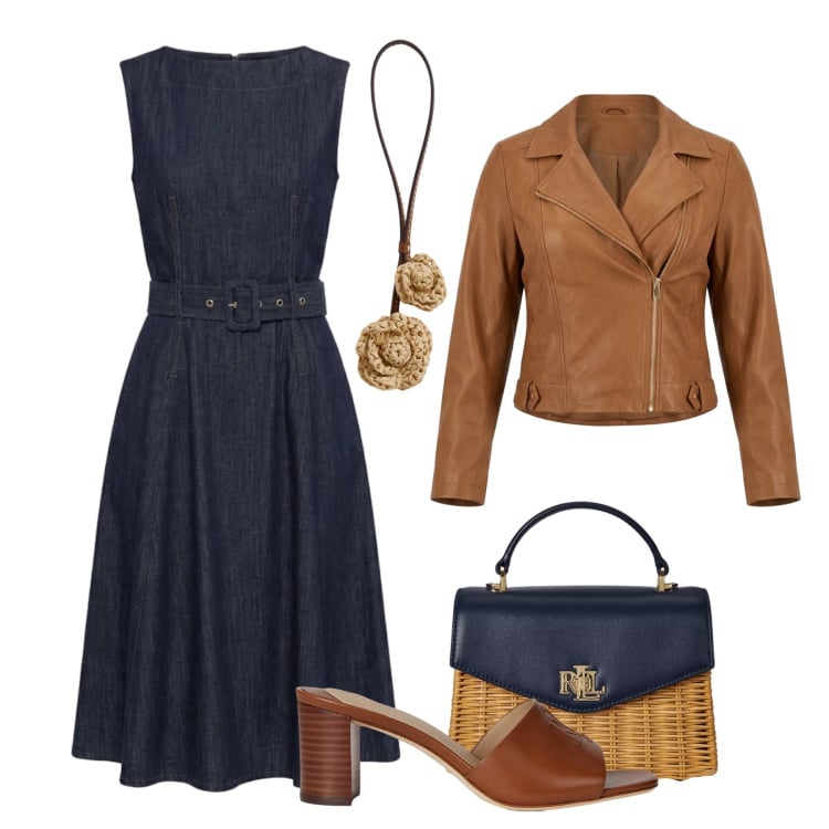 Outfit donna - L’abito in chambray. Stile Trendy per Tutti i giorni. Abbinamento con vestiti, giacche, borse a mano, sandali in pelle, ciondoli.