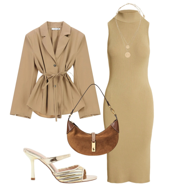 Outfit donna - Total look #2395295. Stile Chic per Serata fuori. Abbinamento con blazer, sabot, ciondoli, borse a spalla, vestiti senza maniche.