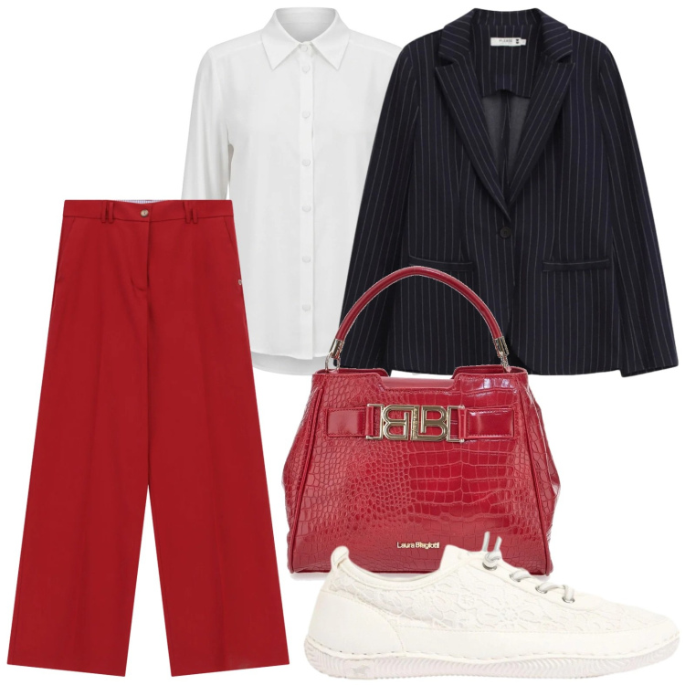 Outfit donna - Look da città. Stile Urban per Ufficio. Abbinamento con sneakers, camicie, pantaloni a palazzo, blazer, borse a mano.