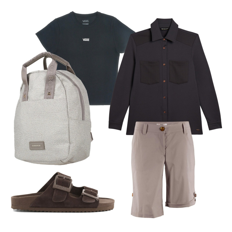 Outfit donna - Tomboy 01. Abbinamento con zaini, bermuda, camicie, t-shirt, sandali in pelle.