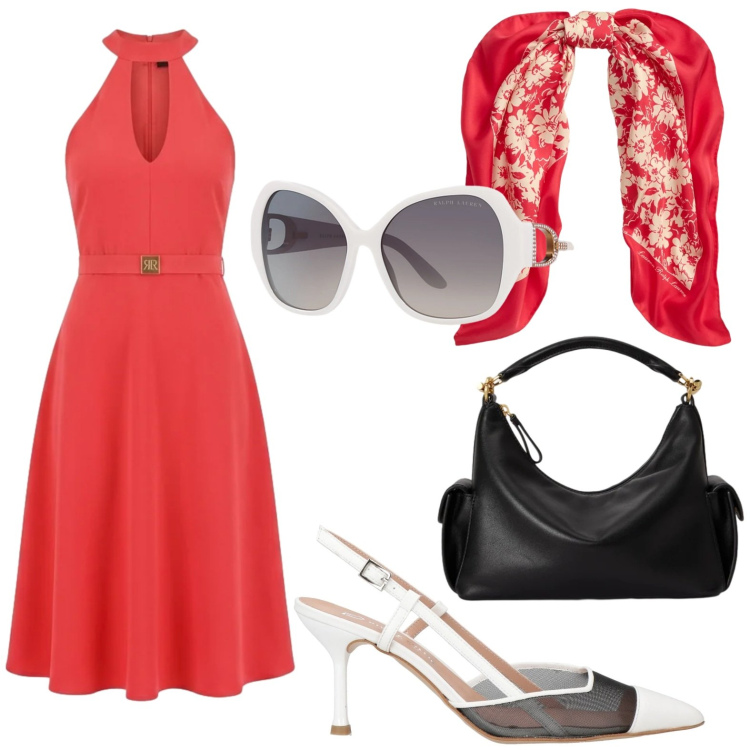 Outfit donna - Nuance rosso fragola. Stile Romantica per Serata fuori. Abbinamento con décolleté, vestiti midi/longuette, borse a spalla, occhiali da sole, foulard.