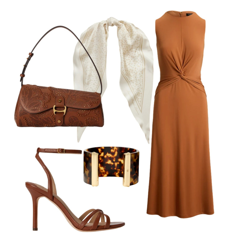 Outfit donna - Curvy glam. Stile Glamour per Tutti i giorni. Abbinamento con borse a spalla, vestiti senza maniche, braccialetti, sandali in pelle, foulard.