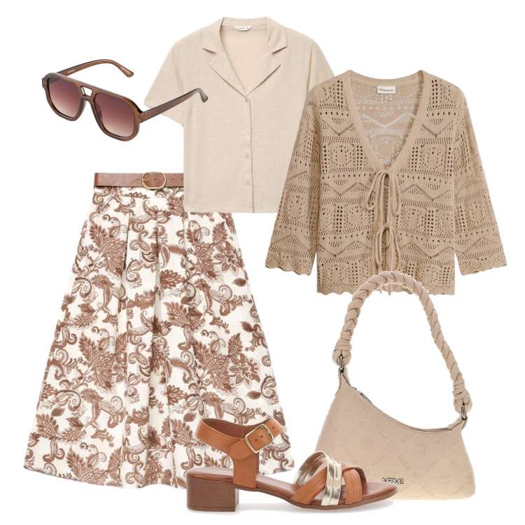 Outfit donna - Fluida glam al lavoro. Stile Casual chic per Ufficio. Abbinamento con occhiali da sole, cardigans, gonne lunghe, camicie a manica corta, sandali col tacco, borse a spalla.