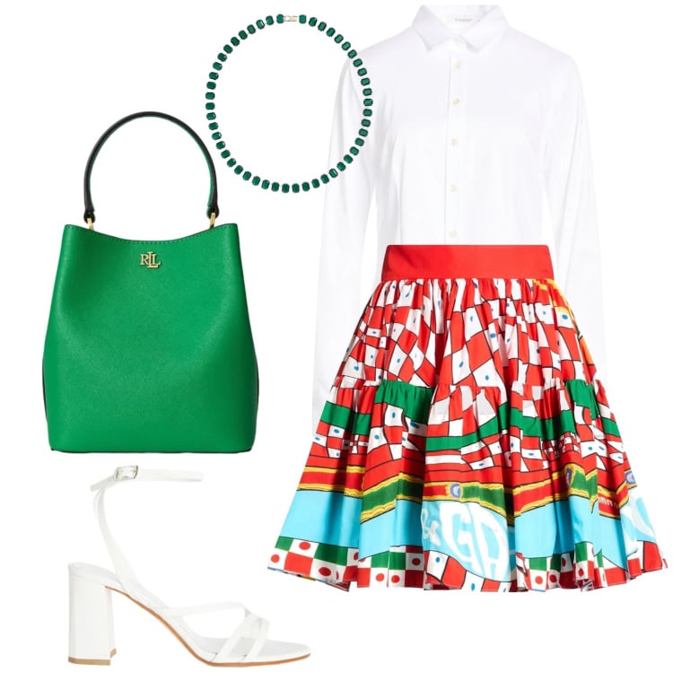 Outfit donna - Curvy esuberante. Stile Glamour per Serata fuori. Abbinamento con minigonne, camicie, sandali in pelle, collane, borse a secchiello.