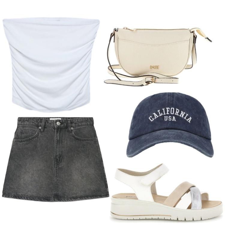 Outfit donna - Total look #2395307. Stile Chic per Serata fuori. Abbinamento con minigonne, cappelli con visiera, top, borse a tracolla, sandali.