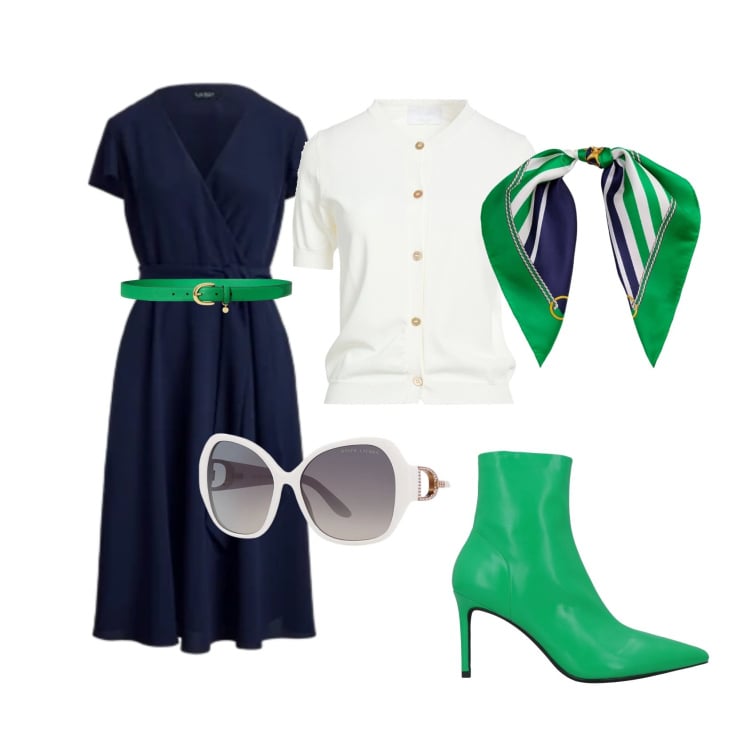 Outfit donna - Bon ton con carattere. Stile Chic per Ufficio. Abbinamento con cardigans, stivaletti, cinture, foulard, vestiti, occhiali da sole.